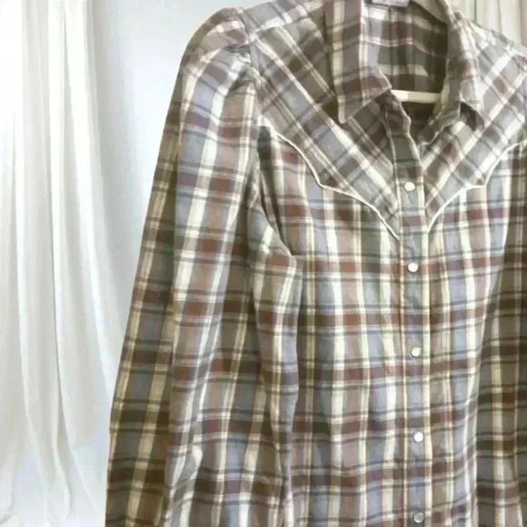 Western flannel button down blue brown vintage appeal. Pearl look buttons. Sz Lg - Picture 10 of 11